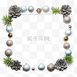 边框明亮色彩图片_冷杉树枝和灰色彩色小玩意的圣诞