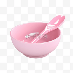 一个3d卡通粉色碗，里面有勺子和