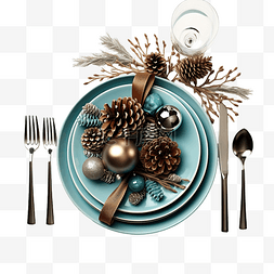 聚会礼品图片_蓝色和棕色的圣诞餐桌布置，配有