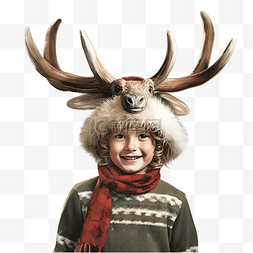 快乐的男孩穿着圣诞树附近鹿角的