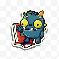 可爱的卡通怪物拿着绿色背景的书