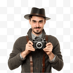 复古攝影图片_戴着帽子瞄准复古相机的摄影师