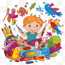 彩色剪贴画卡通儿童与画笔和鸟坐