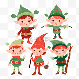 elfs 剪贴画 五个穿着节日服装卡通