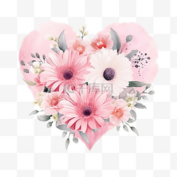 两颗爱心和粉红色背景的水彩花束