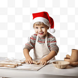女廚師图片_戴着圣诞老人帽子的孩子在家准备