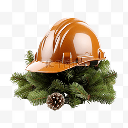 通信施工图片_防护头盔工具和冷杉树枝的圣诞组