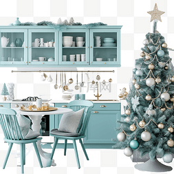 蓝色圣诞装饰图片_薄荷蓝色厨房内饰和圣诞装饰在家