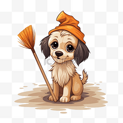 可爱的人物图片_拿着扫帚的狗的万圣节插图