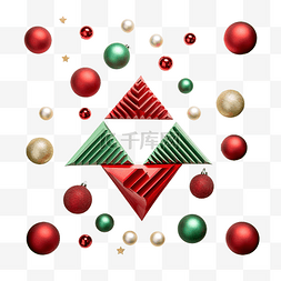 红色几何圣诞树图片_平躺照片，几何红色和绿色 b 上有