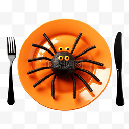 黑鸭菜单图片_万圣节晚餐，空橙色盘装饰黑蜘蛛