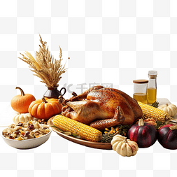 感恩节快乐，桌上有火鸡食品和玉