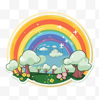 卡通彩虹贴纸与天空中的太阳和树木剪贴画 向量