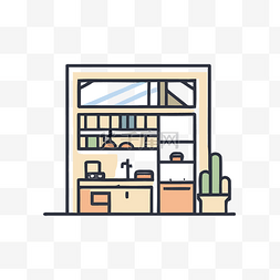 房屋切面图图片_具有窗口视图的厨房的线条图标 