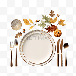带桌布的桌子图片_带餐具的感恩节晚餐盘子的顶部视