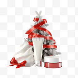 化妆品滴管瓶子图片_保湿霜罐和血清瓶和红丝带圣诞树