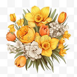 手绘花瓶中的花卉图片_花束插图中的水仙花和郁金香