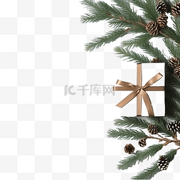木桌上的顶视图圣诞树枝和礼物