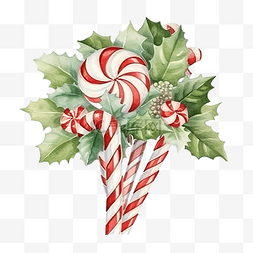 圣诞冬青花束与棒棒糖和糖果手杖
