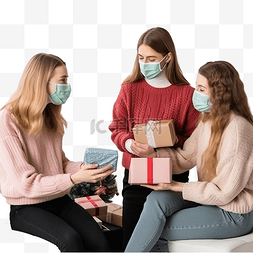 女同学聊天图片_一群戴着面具的朋友在家交换圣诞