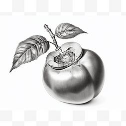 苹果的叶子图片_带叶子的苹果的银色和黑色绘图