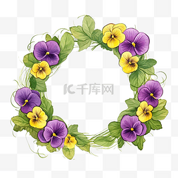 紫色与蓝色背景图片_圆形框架与三色堇花花环中提琴黄