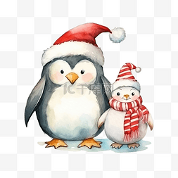 可爱的企鹅和羊在圣诞老人服装水