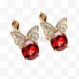 红色宝石蝴蝶形状金耳环