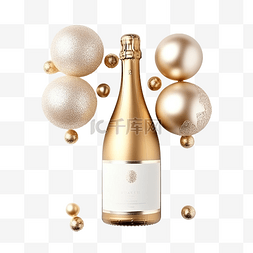 带有金香槟瓶和圣诞球的平躺组合