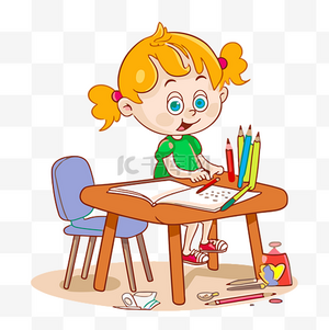 iep 剪贴画插图可爱的女孩坐在办公桌前做作业卡通 向量素材图片免费下载-千库网