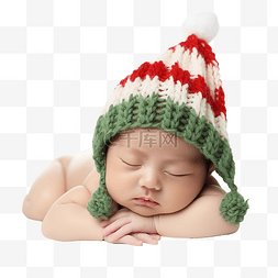 圣诞精灵图片_戴着针织圣诞精灵帽子睡在白色毛