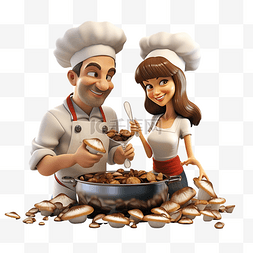 可爱蘑菇人物素材图片_夫妇烹饪蘑菇菜 3d 人物插画