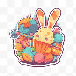 可爱的兔子和甜蜜的糖果在纸杯蛋