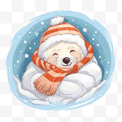 一只可爱的北极熊睡在温暖的毯子
