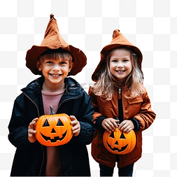 秋季活动装饰图片_男孩和女孩与自制的万圣节南瓜灯