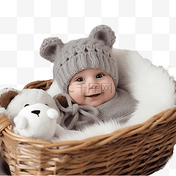 睡觉微笑的孩子图片_漂亮的新生男婴躺在客厅的篮子里