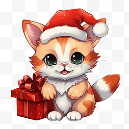 圣诞节时带铃铛和礼物的卡通猫动