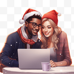 拥抱夫妻图片_圣诞夜在电脑上工作的跨种族夫妇