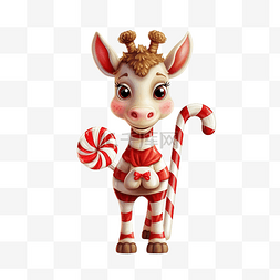 可爱的长颈鹿穿着圣诞服装拿着拐