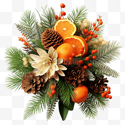 冬装饰图片_圣诞花束，配有橙子锥体和冷杉树