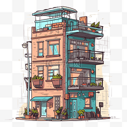 带阳台卡通的彩色建筑的公寓剪贴
