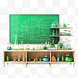 空的烧杯图片_3d 绿色黑板与烧杯试管科学实验套