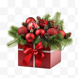 圣诞球树枝图片_盒子里的冷杉树枝和圣诞球