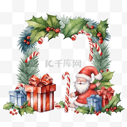 圣诞冬青边框与侏儒和拐杖糖和礼