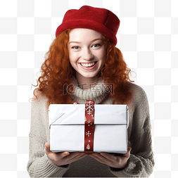 合成冬天图片_喜庆红发拿着圣诞礼物的合成图像