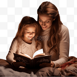 母亲和女儿在圣诞树下看书