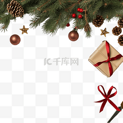 木桌上有礼品盒和剪刀的圣诞组合
