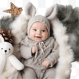 可爱婴儿装饰图片_穿着兔子服装的新生婴儿躺在节日