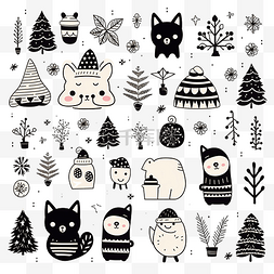 黑白物品图片_黑白圣诞物品和动物的矢量