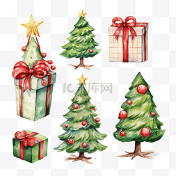 可爱的水彩圣诞物品，包括圣诞树